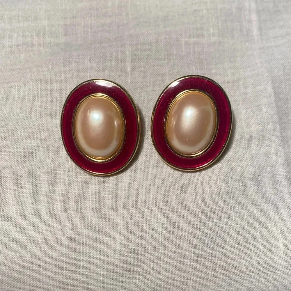 Vintage Monet Clip on Earrings with oval Faux pearl and red enamel.